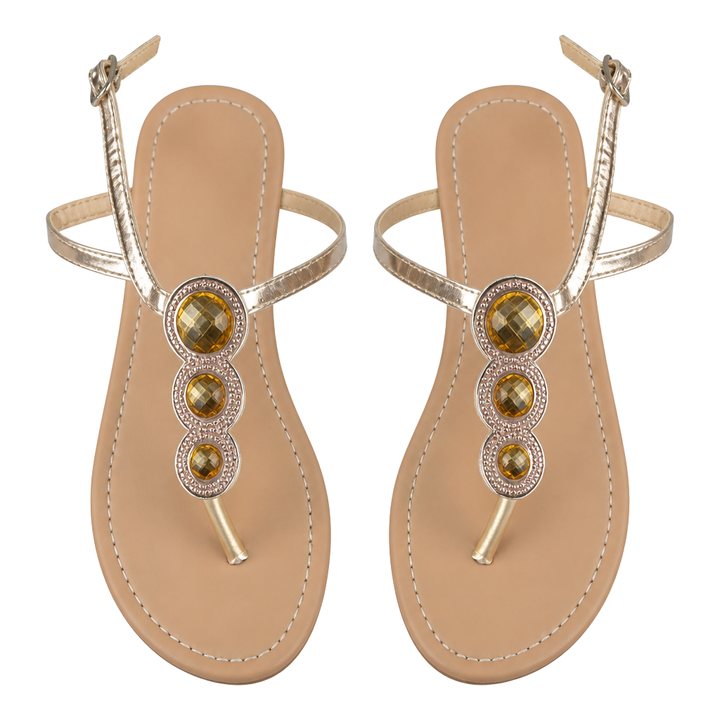 Gold Flat Sandals with Rhinestone Embellished T-Strap 1