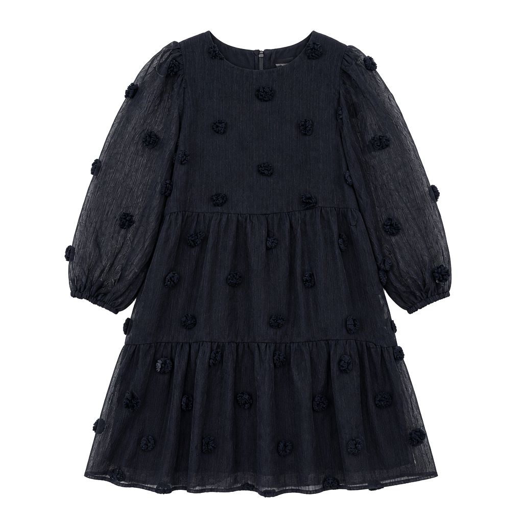 Mittoshop Black Pom Pom Tiered Puff Sleeve Dress Size M 1