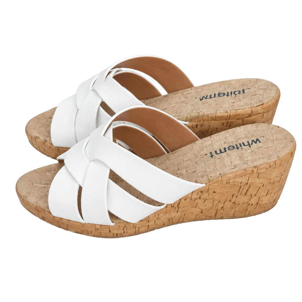 White Mountain Wedge Sandals White Cross Strap Cork Slide 1