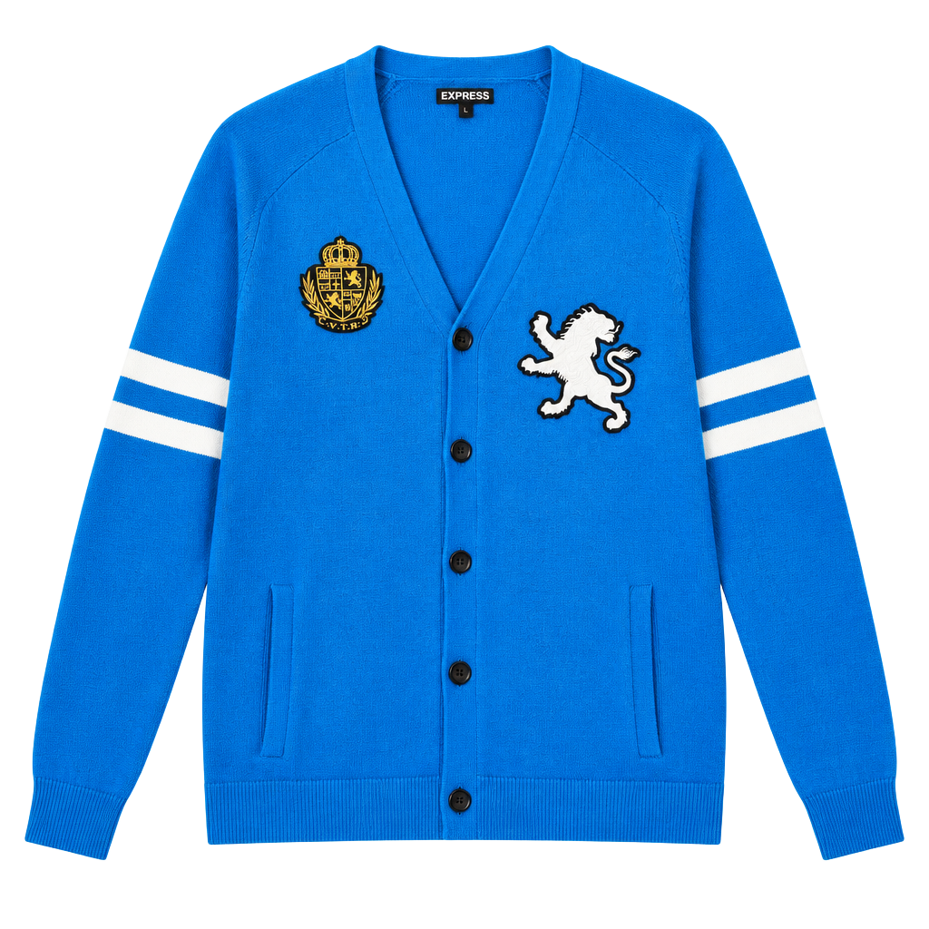 Express Cardigan Sweater Size L Blue Crest Patch Varsity READ!!! 1