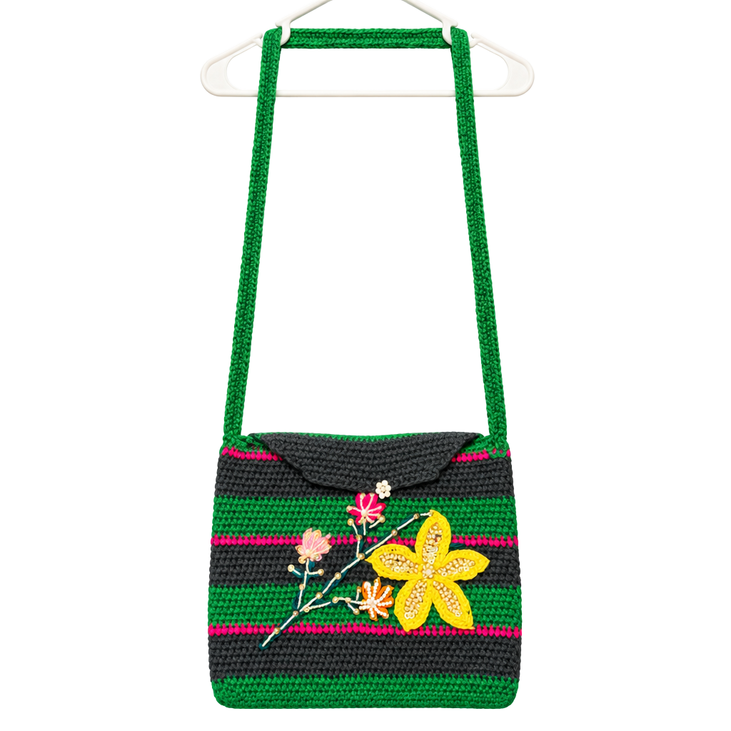 Handmade Crochet Crossbody Bag Striped Floral Beaded 1