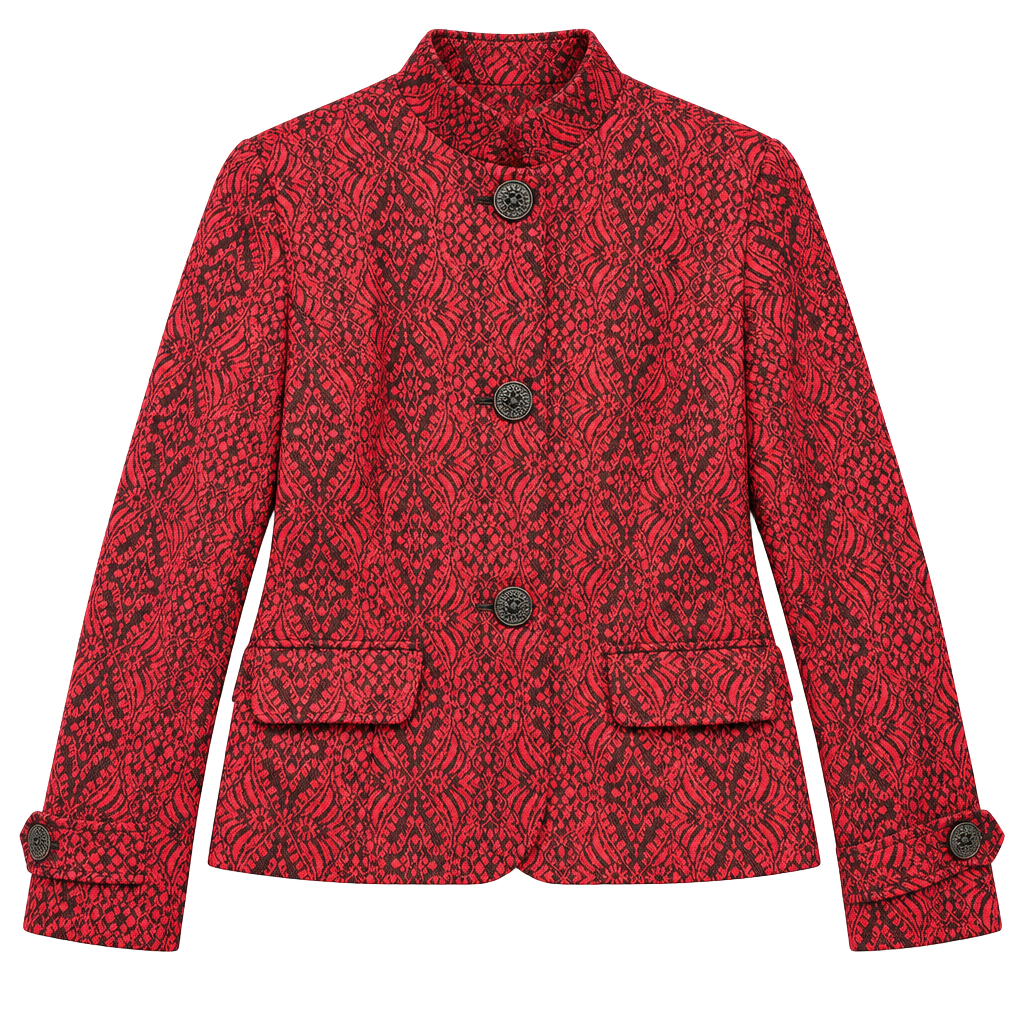 Coldwater Creek Jacquard Blazer Size 8 Red Black Wool Blend 1