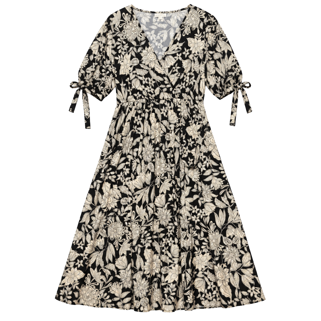 Kate & Lily Floral Midi Dress Size Petite XL Black White V-Neck Wrap 1