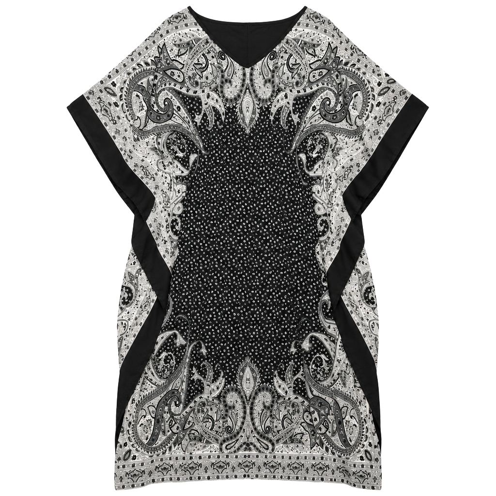 MPH Collection Black White Paisley Chiffon Kaftan Dress Tunic Smocked Waist 1