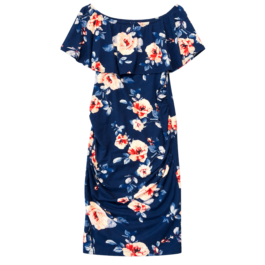 Hello Miz Off Shoulder Ruffle Maternity Dress Size S Navy Floral 1