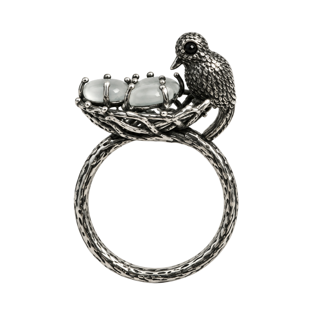 Bird Nest Ring With Cat's Eye Eggs 1