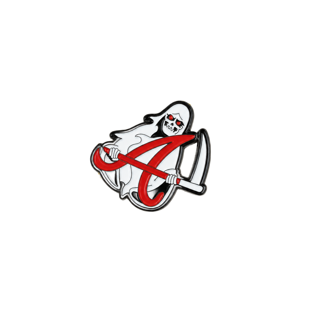 J0014 Grim Reaper Enamel Pin Hello Friend Red Scythe Badge 1