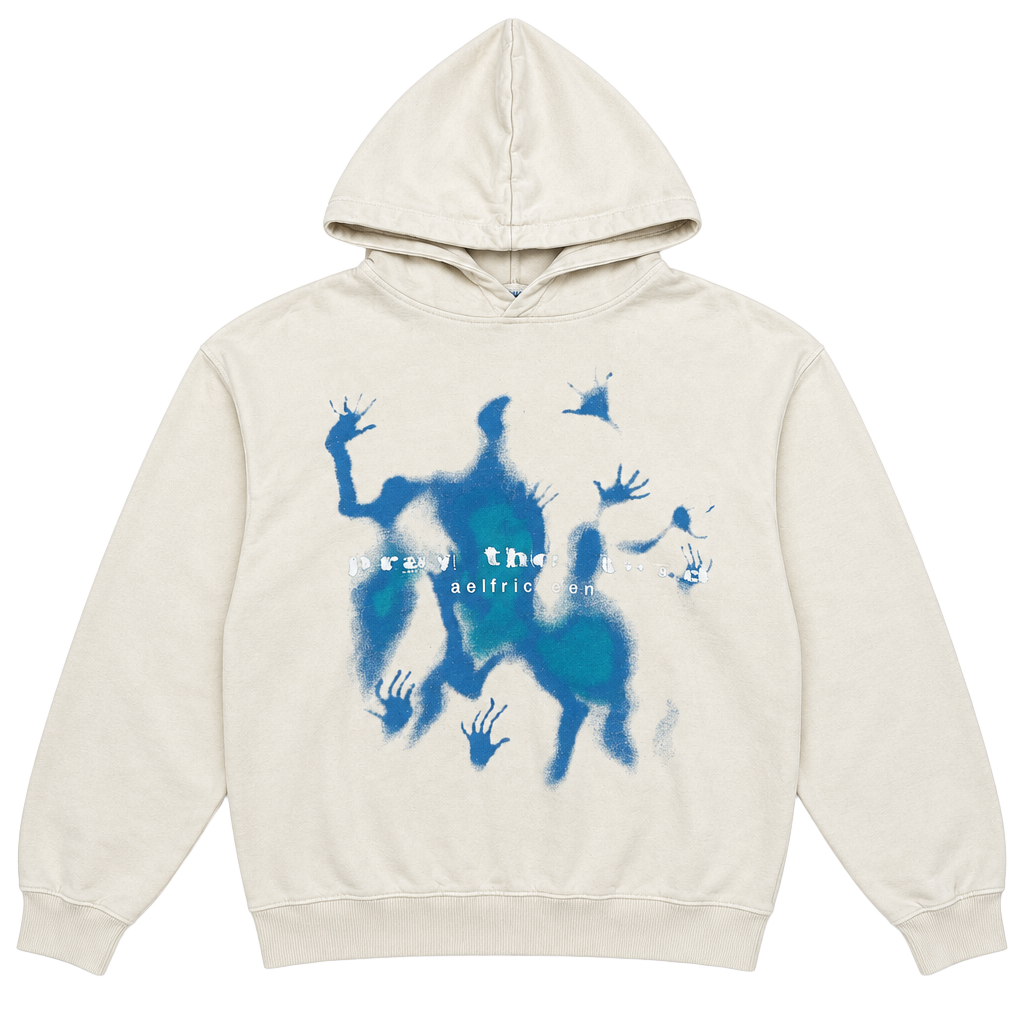 Aelfric Eden Pray The Lord Hoodie Medium Cream Blue Abstract Print Pullover 1