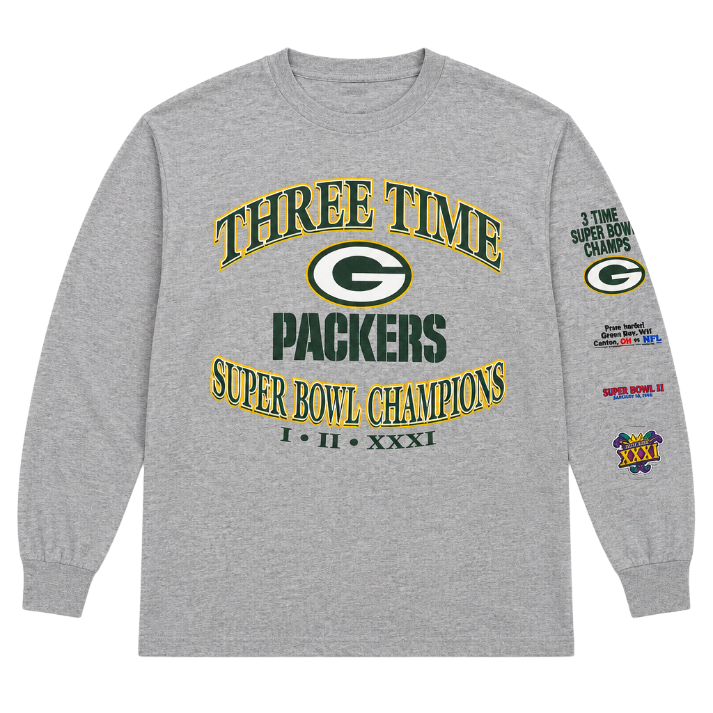 NFL Green Bay Packers Long Sleeve Shirt Gray Vintage Super Bowl Champions 1