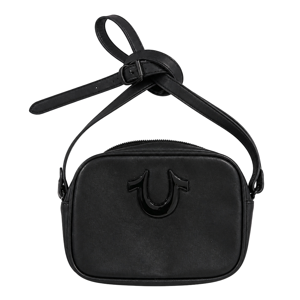 True Religion Camera Crossbody Bag Black Faux Leather Horseshoe Logo NWT 1