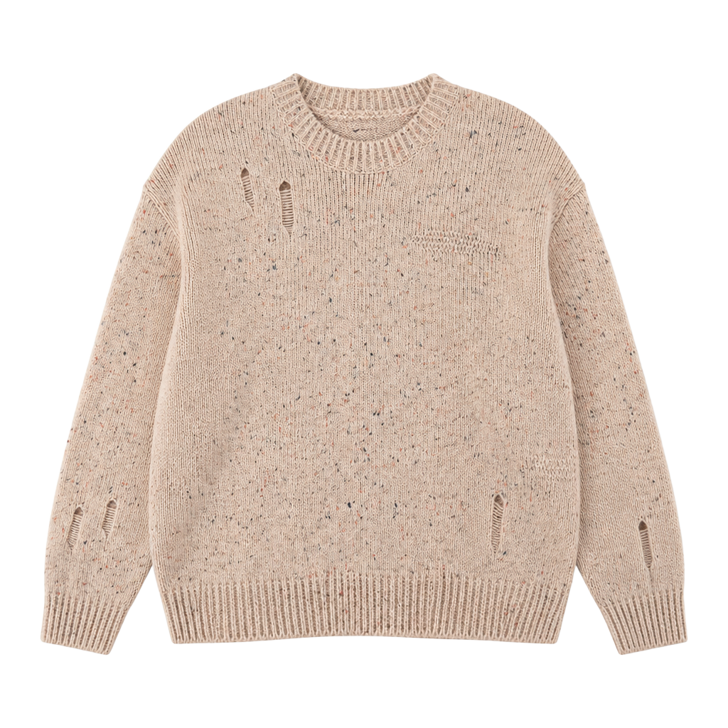 Zara Tan Marled Distressed Crewneck Knit Sweater 1