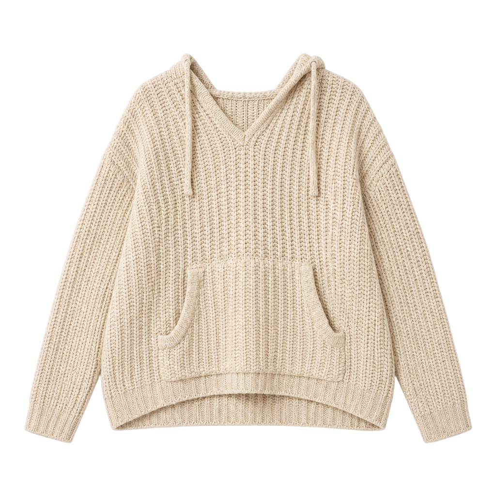 Aerie Women's Chunky Knit V-Neck Sweater Hoodie with Kangaroo Pocket 1