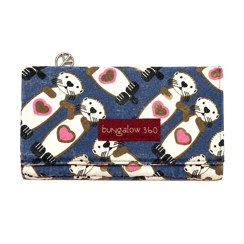 Bungalow 360 Women's Wallet Kawaii Coquette Cottagecore Whimsical Coastal Sea Otters Pink Hearts Blue Canvas Envelope Clutch Zip Coin Pocket Peace Sign Pull Polka Dot Lining Velcro 1