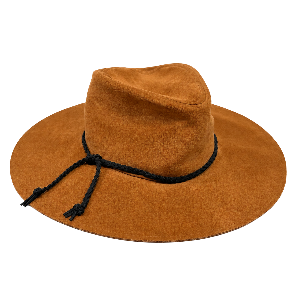 San Diego Hat Company Women's Wide Brim Hat OS Americana Heritage Indie Boho Cottage-Glam Tan Camel Faux Suede Fedora Floppy Braided Cord Band Western Spot Clean 1