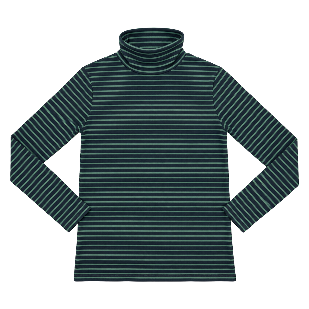 Eddie Bauer Women's Striped Turtleneck Size L Heritage Americana Old Money Quiet Luxury Preppy Indie Vanguard Navy Forest Green Stripe Long Sleeve Cotton Jersey Fall Holiday 2024 Layering Top Fitted Stretch 1