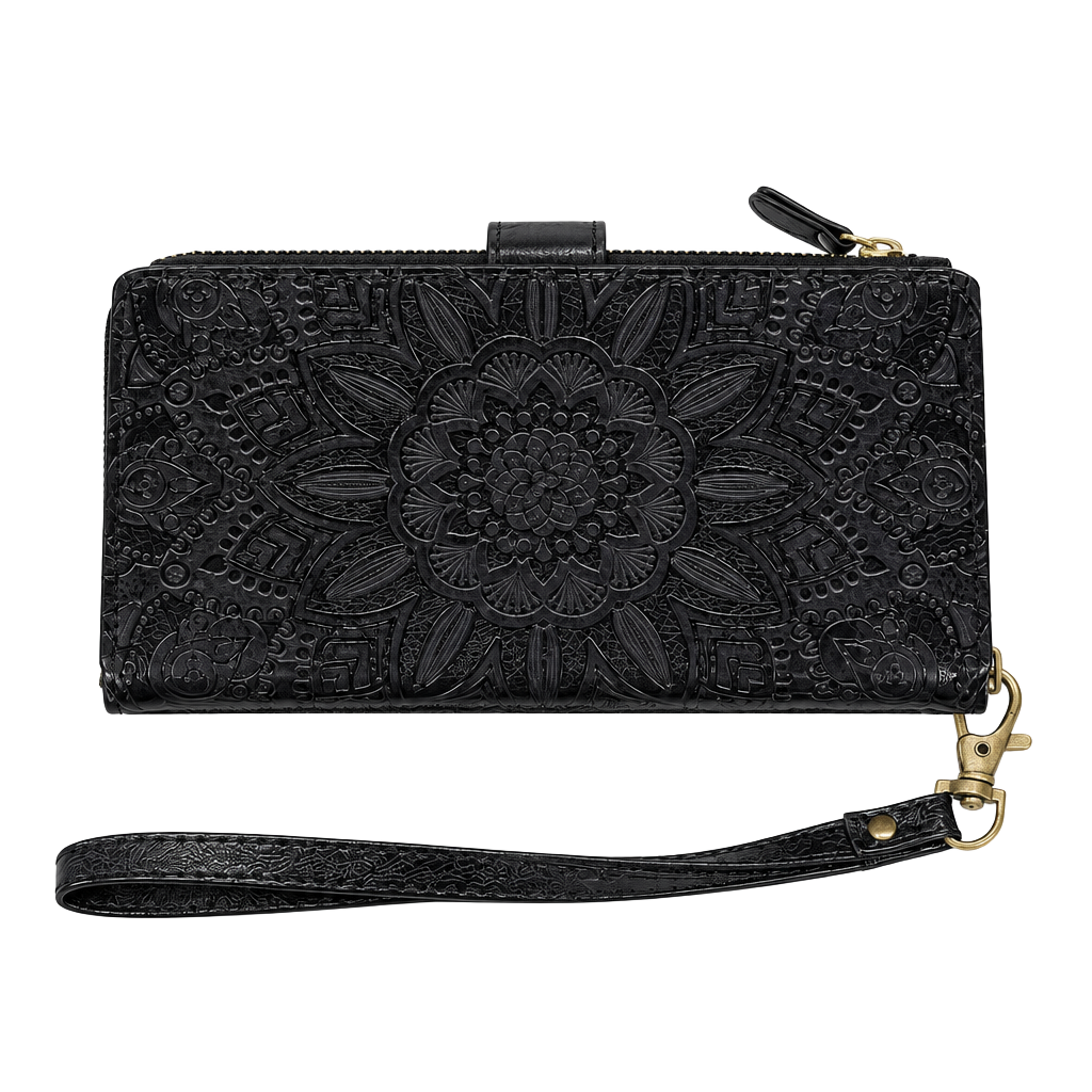 Women's Wristlet Wallet 7in Whimsigoth Y2K Indie Vanguard Heritage Boho Black Embossed Mandala Faux Leather Zip Organizer Detachable Strap 1