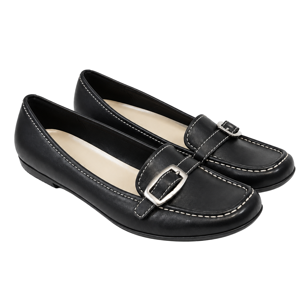 Maripé Women's Loafers Size 11 M Old Money Preppy Y2K Quiet Luxury Dark Academia Black Leather Silver Buckle Contrast Stitch Square Toe Slip On 1