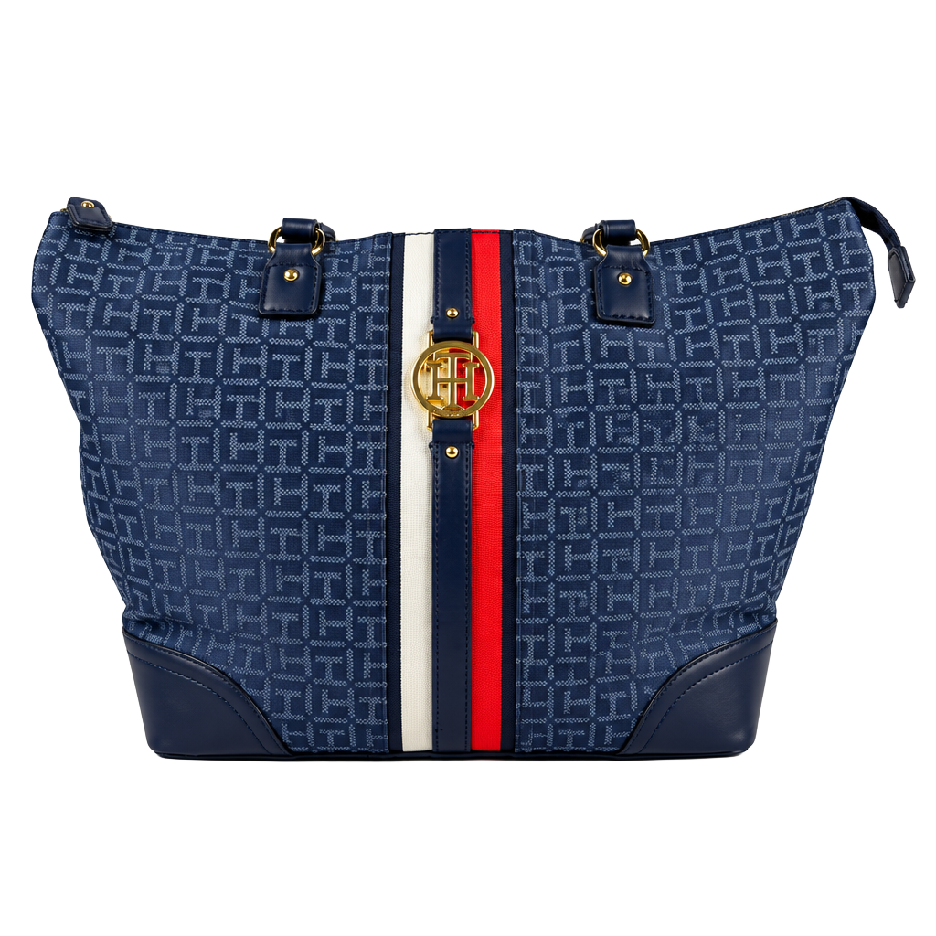 Tommy Hilfiger Women's Tote Bag Large Old Money Preppy Americana Heritage Nautical Navy Blue Monogram Jacquard Red White Stripe Gold TH Medallion Zip Top Shoulder Bag 1