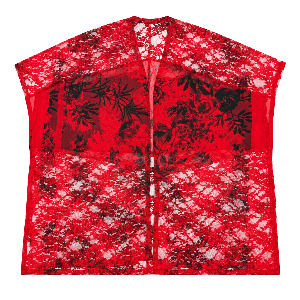 Brittany Black Women's XL Whimsigoth Witchy Coquette Cottage-Glam Romantic Goth Festival Red Black Floral Lace Chiffon Sheer Kimono Duster Open Front Cardigan Cover Up 1