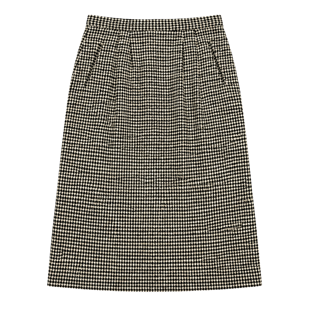 Vintage Country Suburbans Women's Skirt 6 Old Money Dark Academia Preppy Heritage Quiet Luxury Houndstooth Wool Pencil Midi Black Cream High Waist Lined Pockets Back Vent Made in USA 1
