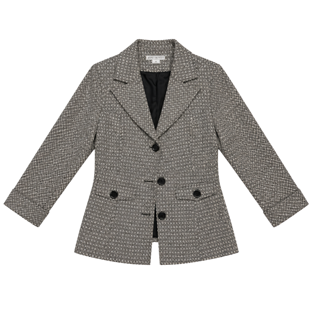 Ann Trinity Women's Blazer Size M Old Money Dark Academia Preppy Heritage Y2K Black Cream Houndstooth Tweed Peplum 3/4 Sleeve Cuffed Button Front Lined 1
