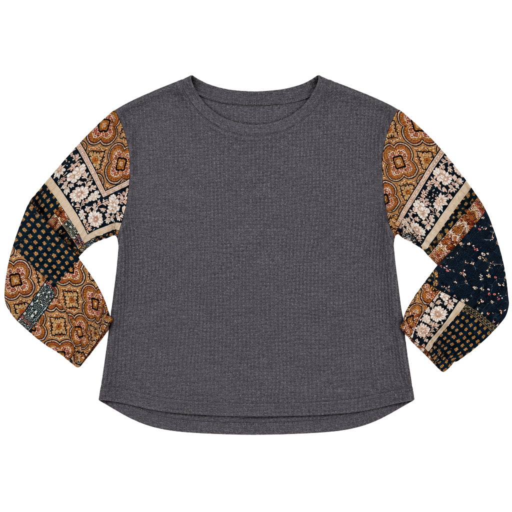 Sadie & Sage Women's Top S Boho Western Cottagecore Cowgirl Patchwork Gray Waffle Knit Thermal Paisley Floral Mixed Print Rayon Sleeves Long Sleeve Crew Neck Lace Patch Boxy Oversized 1