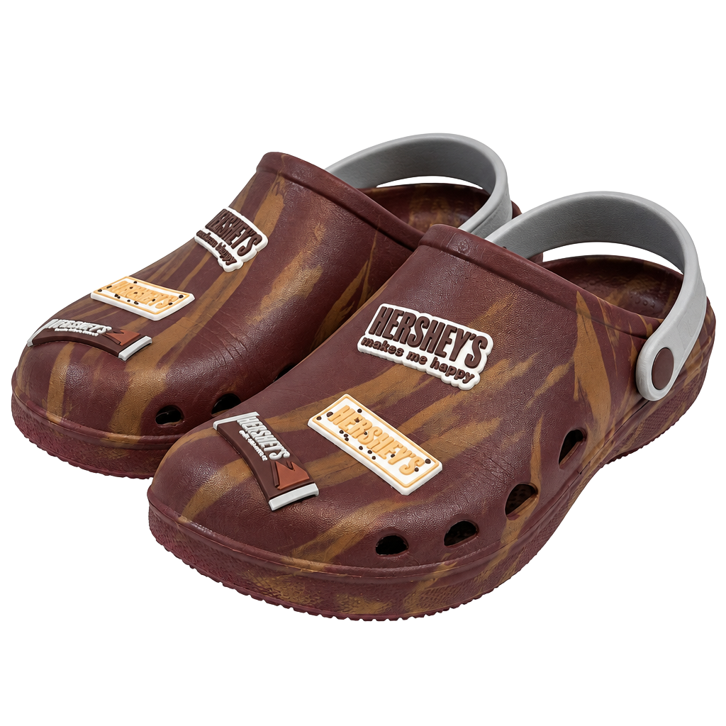 Hershey's Youth Boy's Clogs Size 4 Y2K Americana Indie Vanguard Gorpcore Brown Burgundy Swirl Chocolate Charms Slip On Foam Garden Beach Shoes Licensed 1