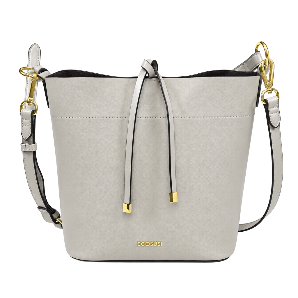 ECOSUSI Women's Bucket Bag Quiet Luxury Old Money Preppy Minimalist Heritage Greige Taupe Vegan Leather Crossbody Shoulder Bag Gold Hardware Drawstring Tie Zip Pocket 1