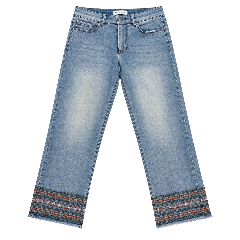 Tribal Jeans Women's Jeans Size 6 Cottage-Glam Indie Vanguard Y2K Americana Heritage Embroidered Beaded Hem Mid Rise Light Wash Raw Frayed Boho Stretch Denim Ankle Audrey Straight Crop 1