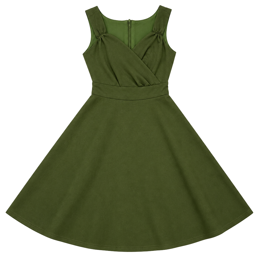 Grace Karin Women's Dress S Old Money Preppy Balletcore Quiet Luxury Retro Cottage-Glam 1950s Style Olive Green Army Green Sleeveless Surplice Faux Wrap V-Neck Fit and Flare Circle Skirt Swing Midi Gathered Shoulder Wide Waistband Back Zip Stretch Ponte K 1