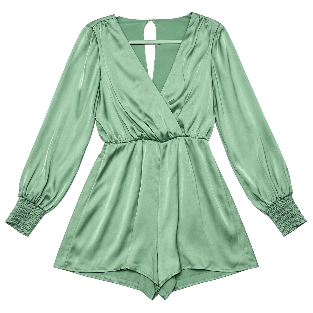 Mi Ami Women's M Sage Green Satin Romper Cottage-Glam Quiet Luxury Coquette Soft Girl Date Night Long Sleeve Surplice V-Neck Keyhole Back Smocked Cuffs Pockets 1