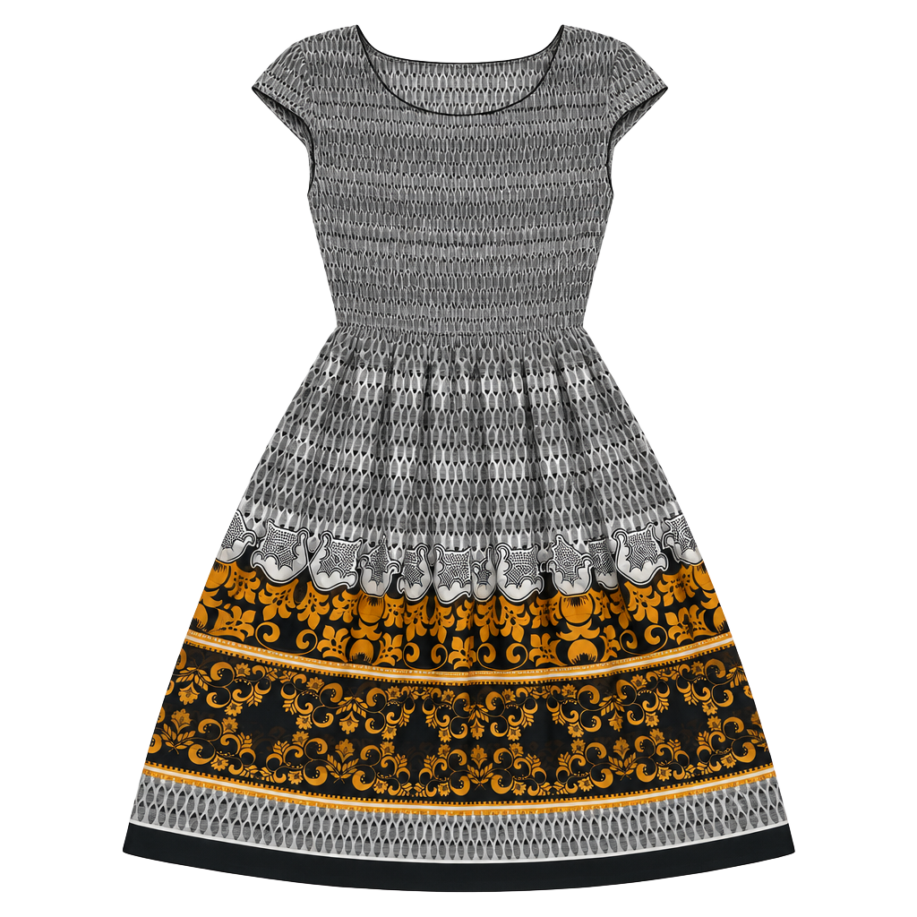 M.S.S.P. Women's Smocked Dress Size S Cottage-Glam Old Money Quiet Luxury Whimsigoth Coquette Black Gold Baroque Border Print Cap Sleeve Chiffon Fit and Flare Midi Boho Sheer 1