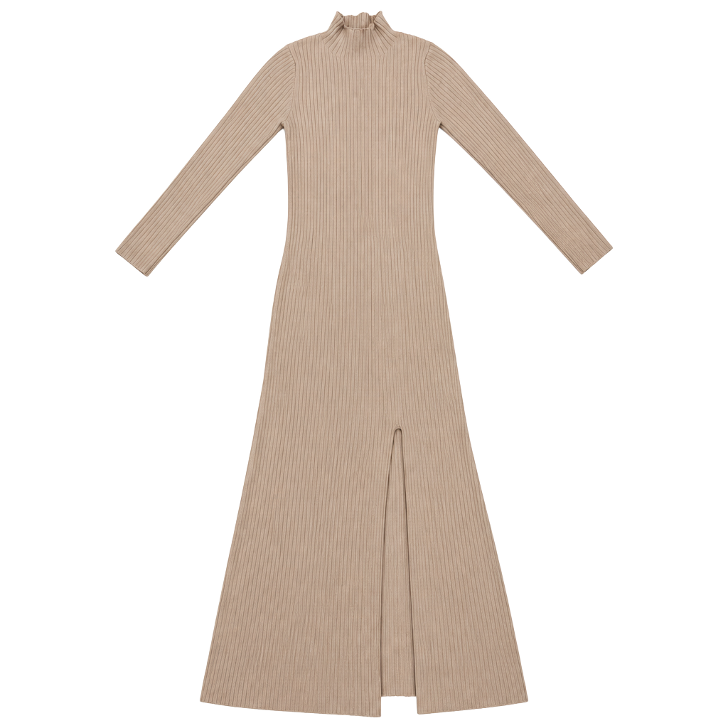 ASTR The Label Women's Dress Size M Quiet Luxury Old Money Preppy Y2K Balletcore Cream Ribbed Knit Mock Neck Midi Maxi Long Sleeve Side Slit Stretch Bodycon 1