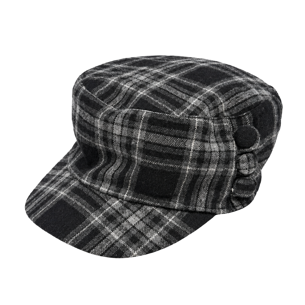 Women's Plaid Cadet Cap Y2K Indie Vanguard Heritage Workwear Whimsigoth Old Money Newsboy Cabbie Hat Black Grey One Size Wool Blend Flannel Buttons Elastic Back Lined Fall Winter 1