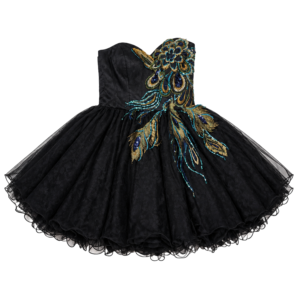 Women's Mini Dress Strapless Whimsigoth Coquette Cottage-Glam Y2K Balletcore Black Peacock Feather Embroidered Sequin Tulle Sweetheart Party Prom Homecoming Boned Bodice Back Zip 1