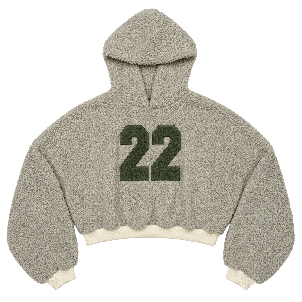 Missguided Women's Hoodie M Varsity Gorpcore Y2K Preppy Streetwear Cropped Sherpa Teddy Fleece Cream Olive Green 22 Patch Oversized Pullover Rib Hem Cuffs Fuzzy Cozy 1