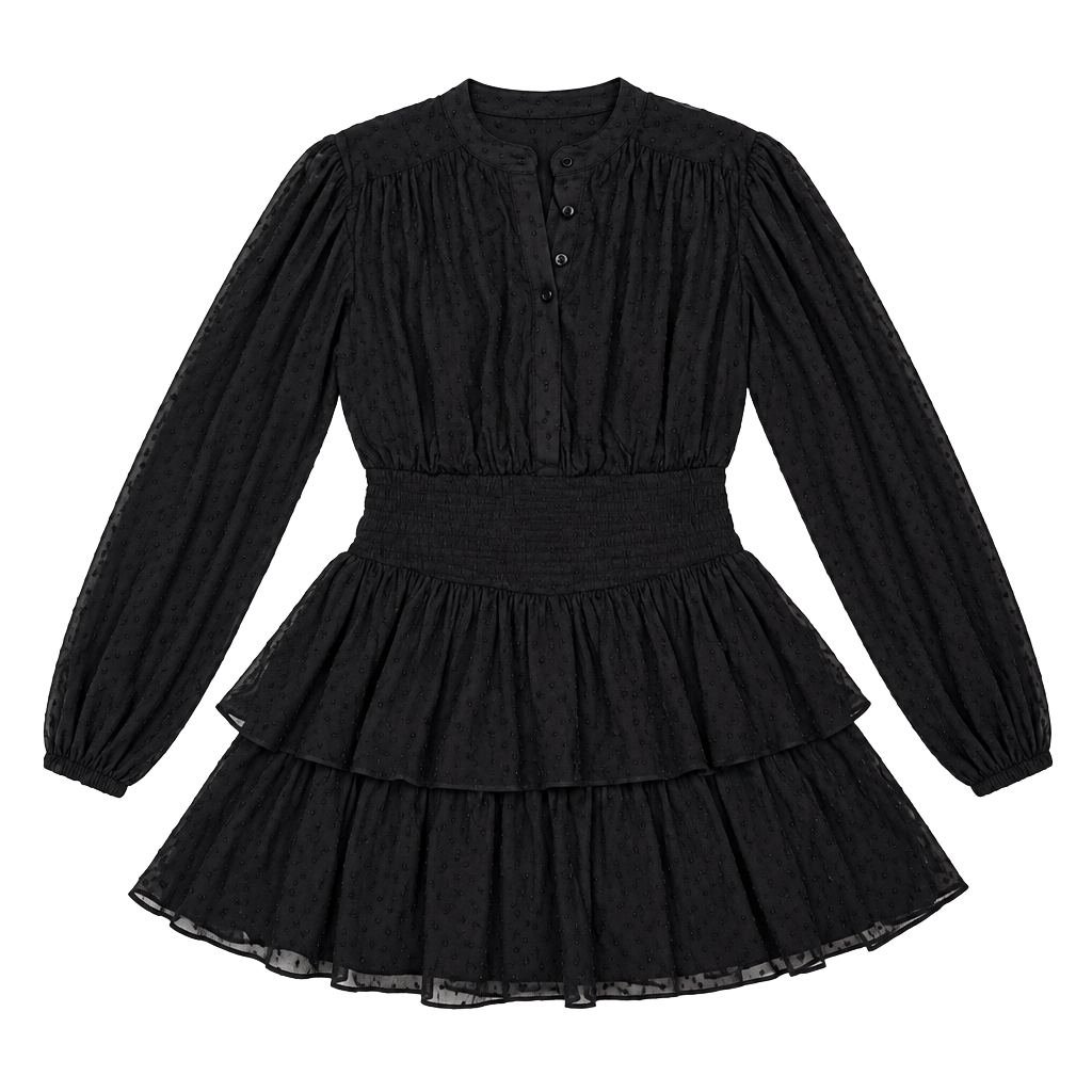 So Me Women's Dress S Whimsigoth Coquette Fairycore Gothic Cottagecore Black Tiered Ruffle Mini Puff Sleeve Sheer Crinkle Tencel Button Front Long Sleeve Lined Babydoll 1