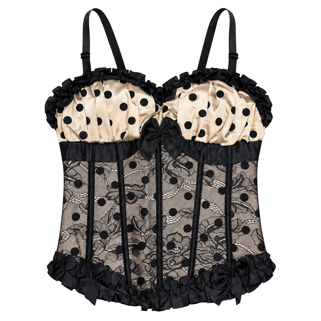 Women's Corset Bustier Top M Whimsigoth Witchy Coquette Y2K Cottage-Glam Balletcore Black Champagne Polka Dot Lace Overlay Satin Ruffle Bow Boned Lace-Up Back Side Zip Adjustable Straps 1
