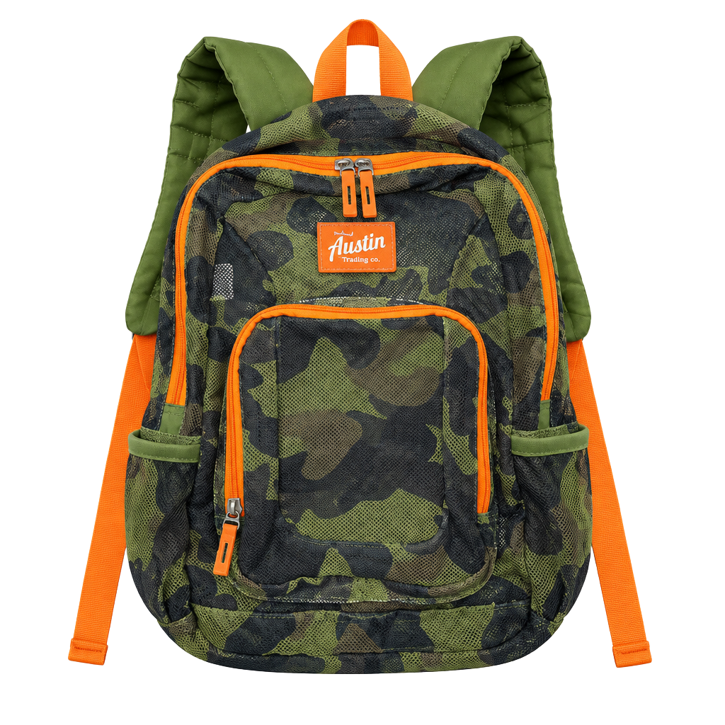 Austin Trading Co. Camo Mesh Backpack Orange Green 1