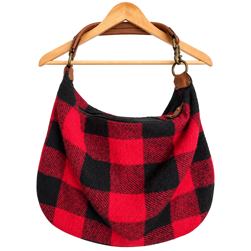 Davey's Red Black Buffalo Plaid Wool Leather Hobo Shoulder Bag 1