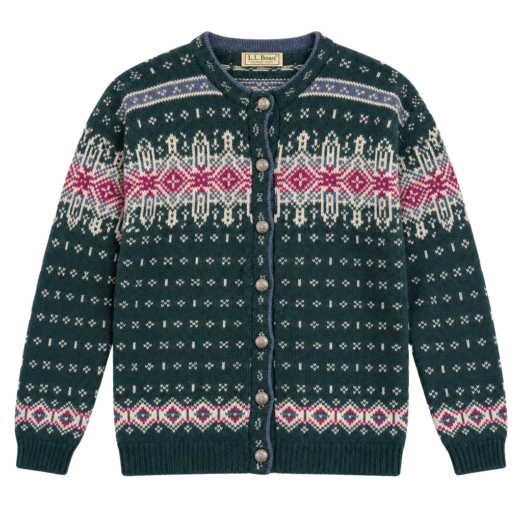 Vintage LL Bean Nordic Fair Isle Cardigan Size Large Green Wool 1