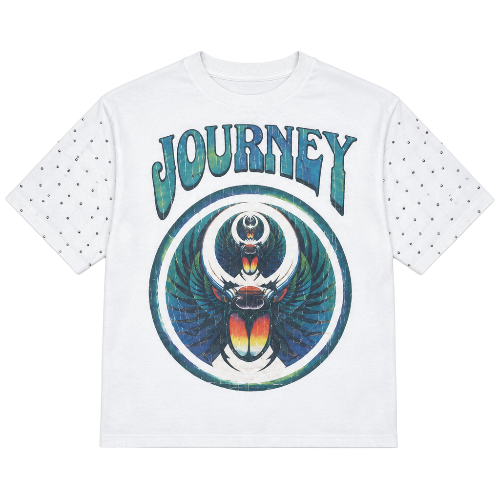 Journey Band Crop Top Size M White Studded Sleeve Tee Shirt 1
