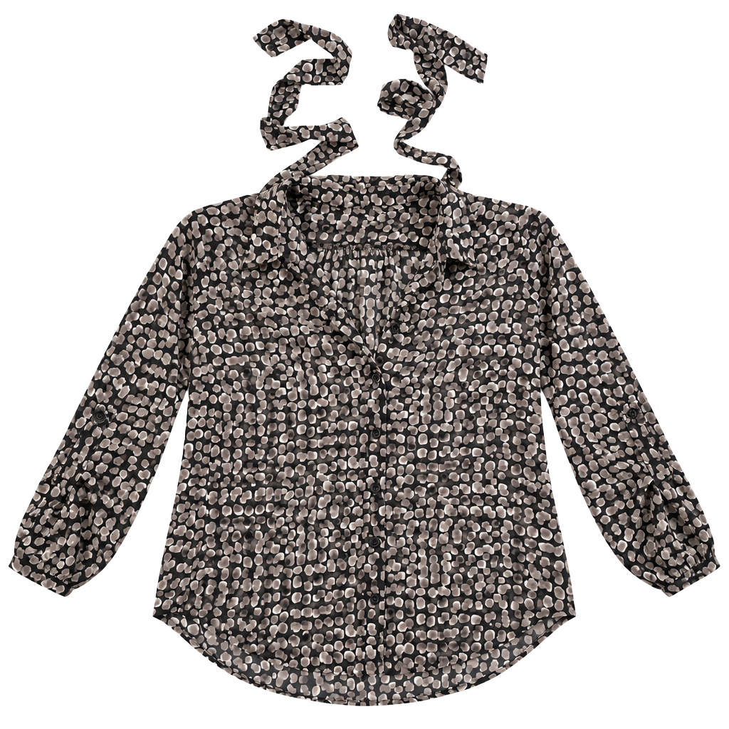 teenbell Button Down Blouse Size S Black Grey Print Tie Neck Sheer 1