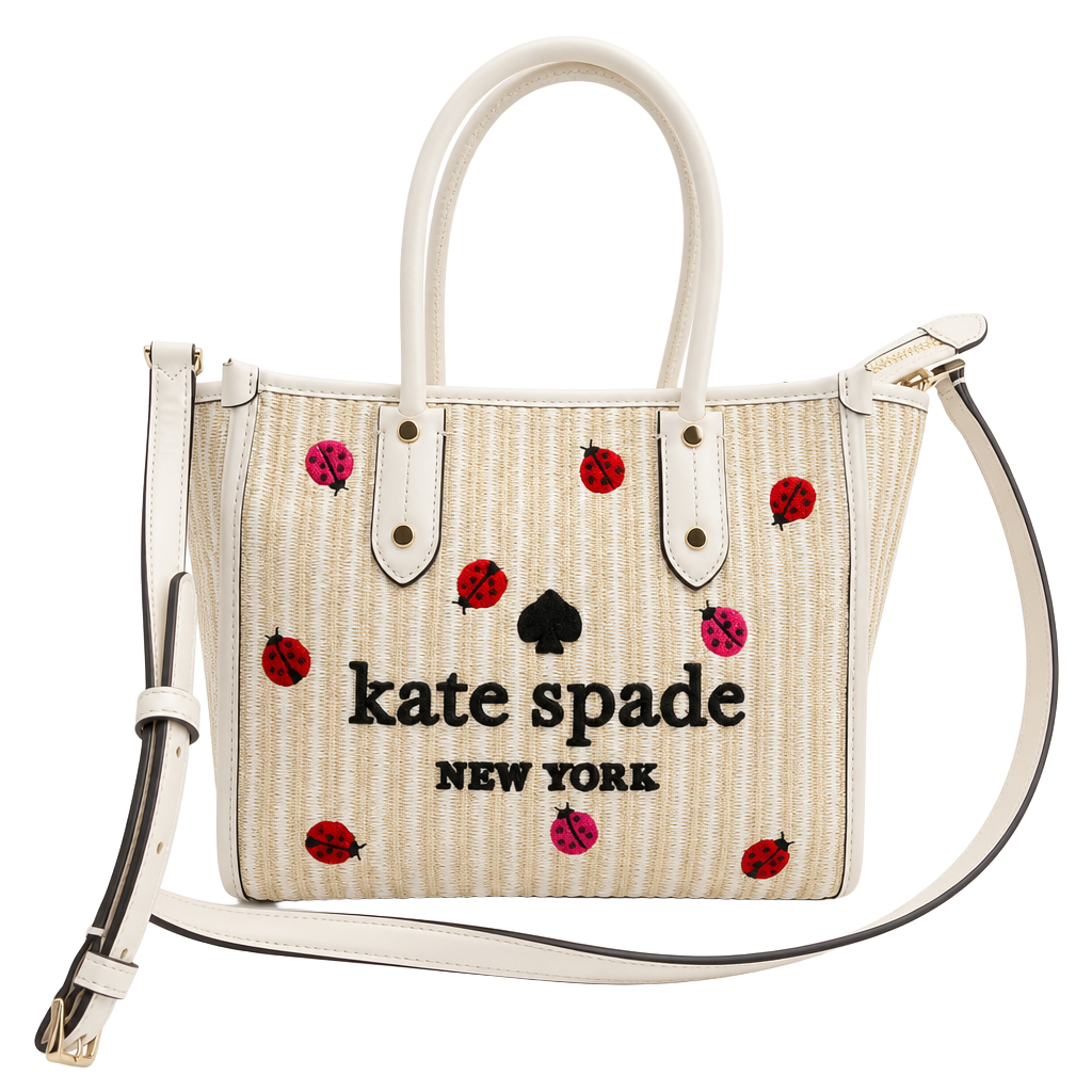 Kate Spade Ella Dottie Ladybug Embroidered Straw Small Tote Crossbody Bag 1