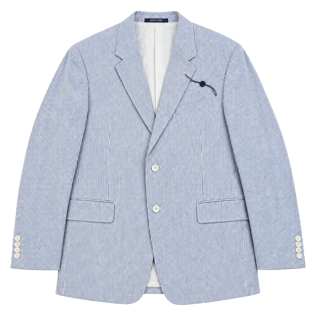 Stafford Seersucker Suit Jacket Size 44R Blue White Stripe Cotton Blazer 1