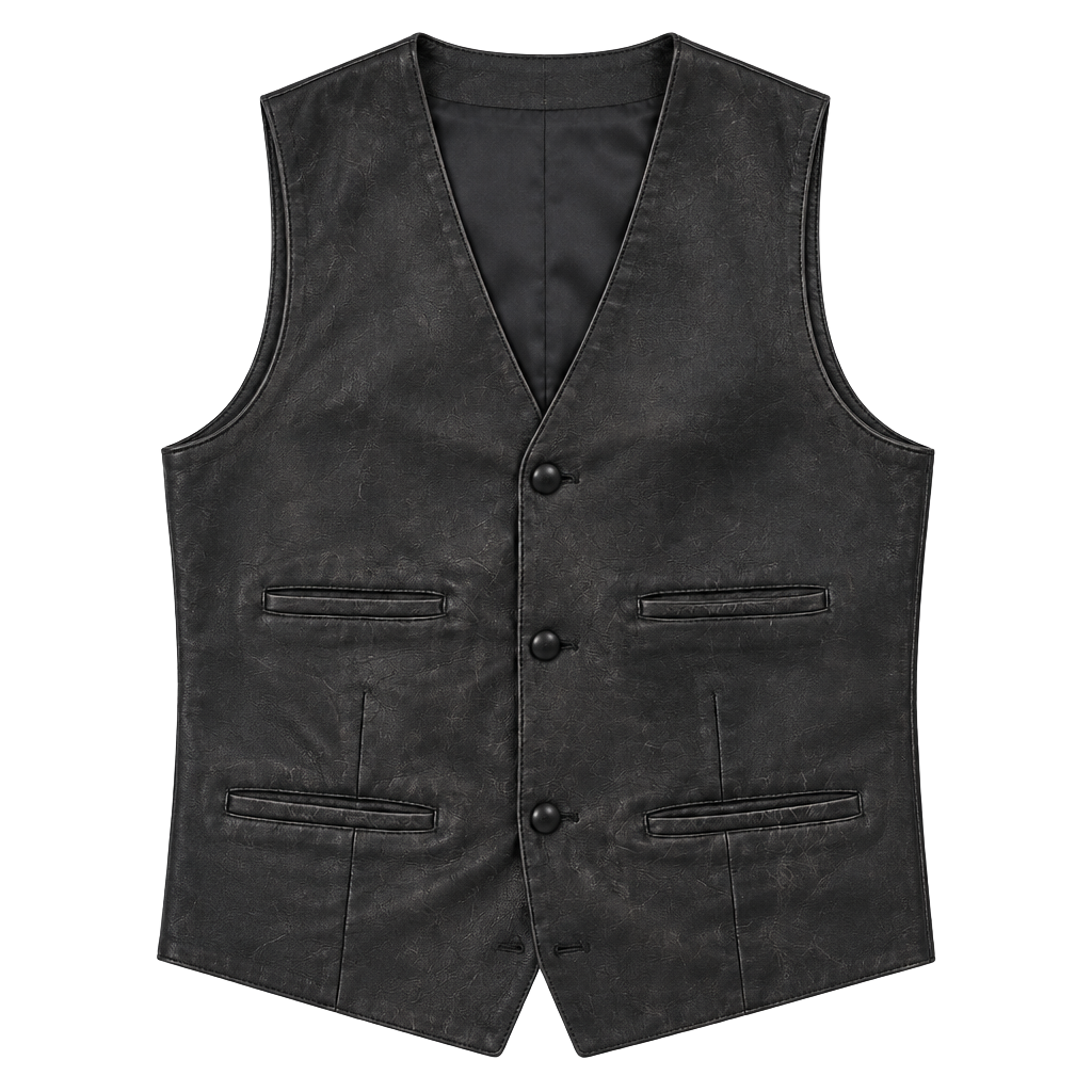 Mens Black Genuine Leather Button Vest Size L 1