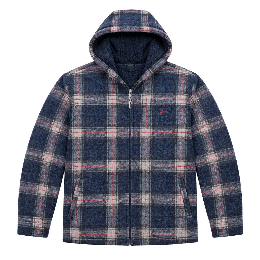 Nautica Plaid Fleece Zip-Up Hoodie Size XXL Blue Red Full Zip 1