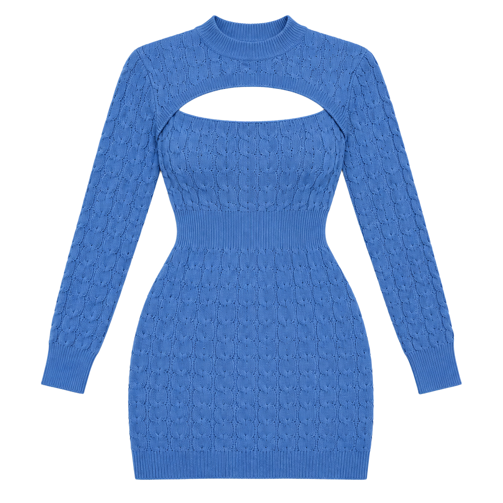 Cable Knit Sweater Dress Blue Cut Out Mini 1