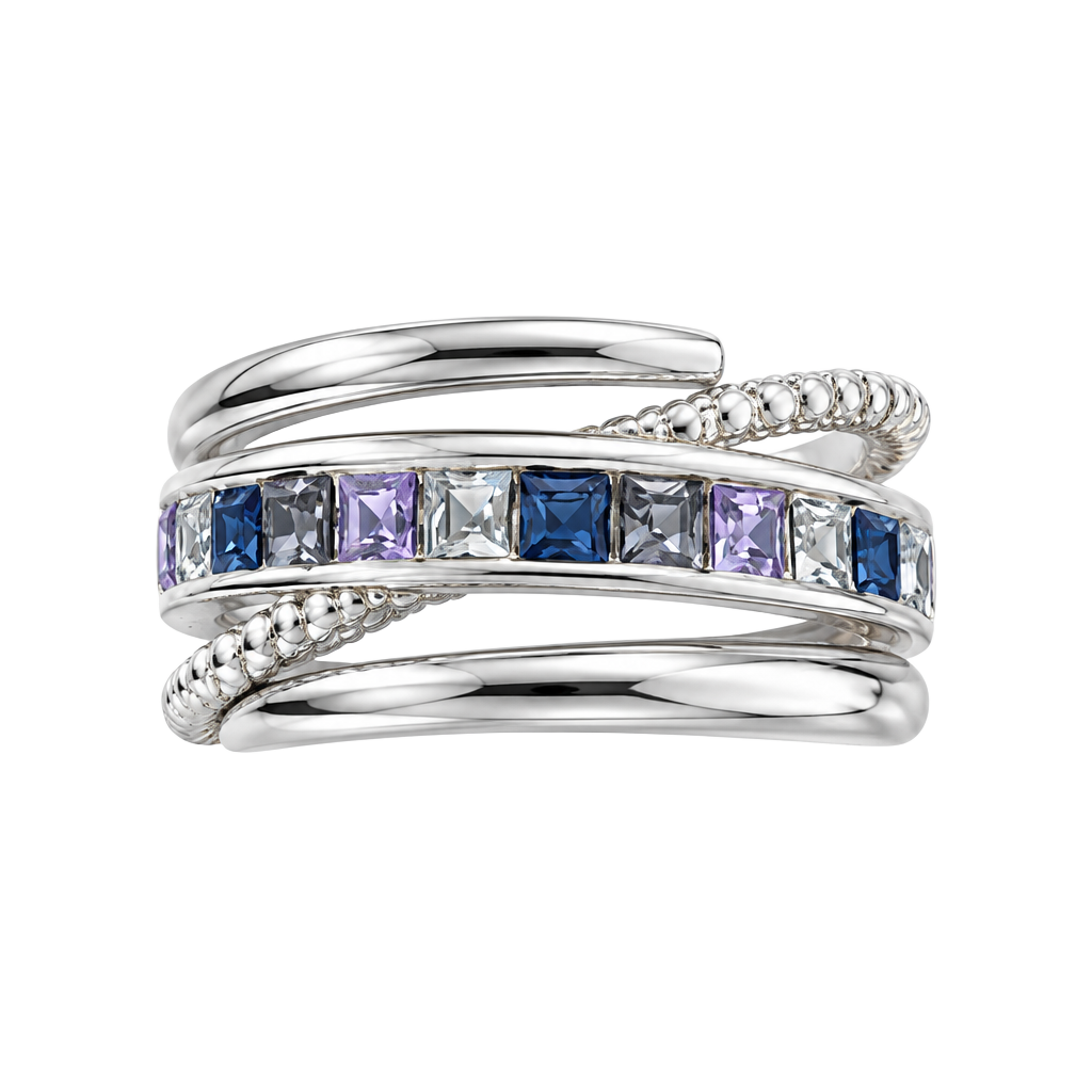 Unbranded Multi-Band Sterling Silver Ring with Purple and White Crystals 1