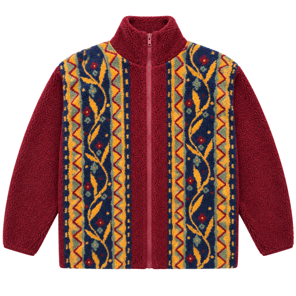 Vintage 90s USA Made Aztec Geometric Fleece Jacket Full Zip Burgundy Mens 1